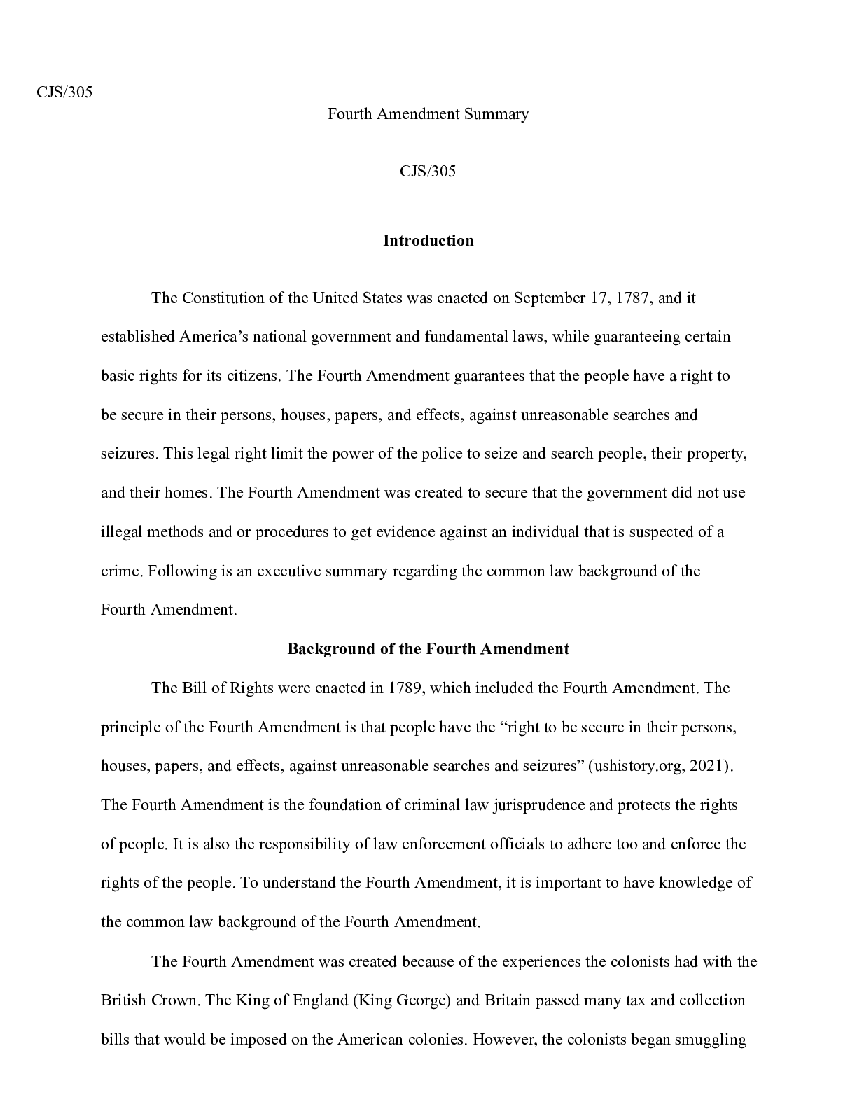 Preview image of Team Final Paper Week 2 .docx    CJS/305  Fourth Amendment Summary  CJS/305  Introduction document